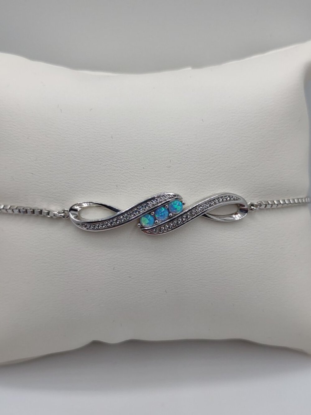 Bracelet Blue Opals Boxlink Slide Chain-Adjust Sz up to 9" Sterling Silver 925